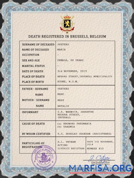 Downloadable Belgium vital record death certificate PSD template